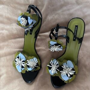 Zara Black and Green Floral Sandals Size 10